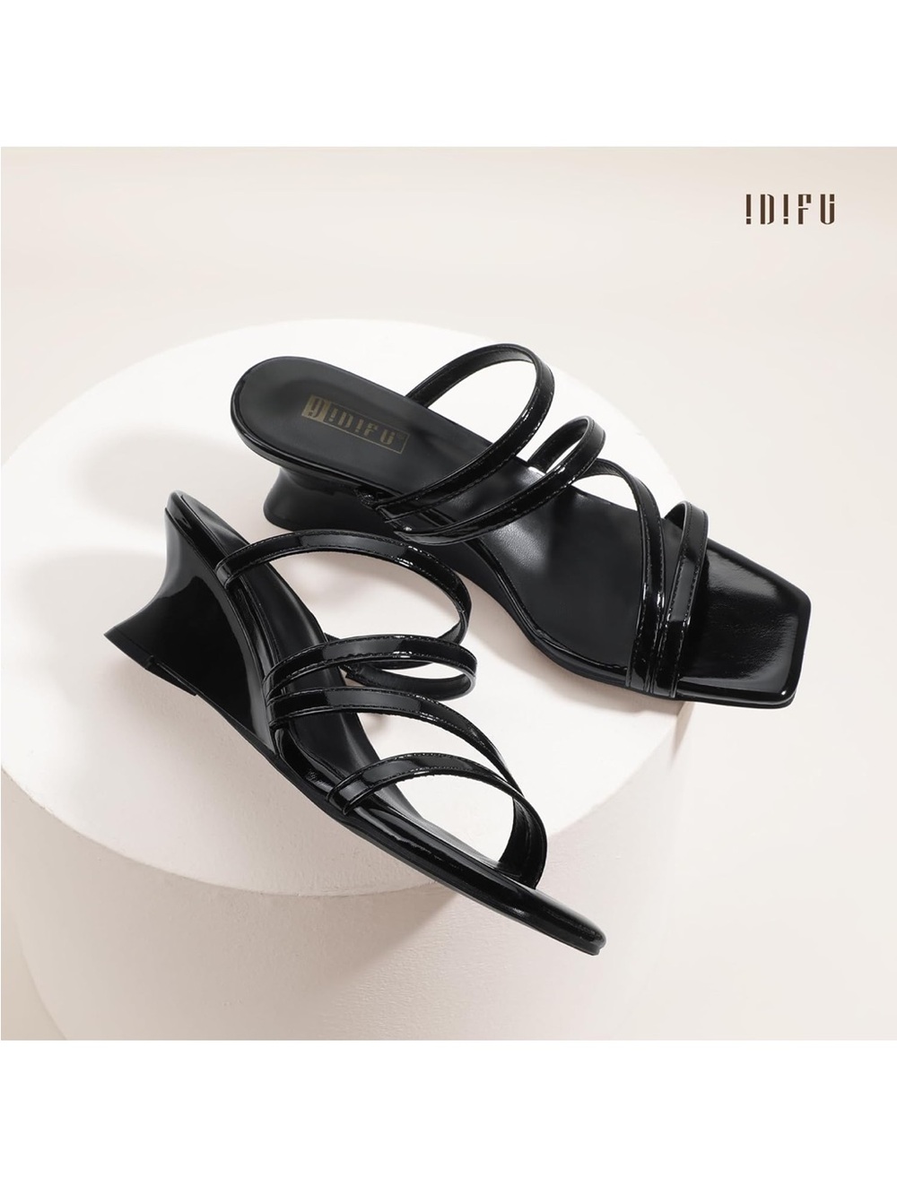 Black Patent Strappy Wedge Sandals